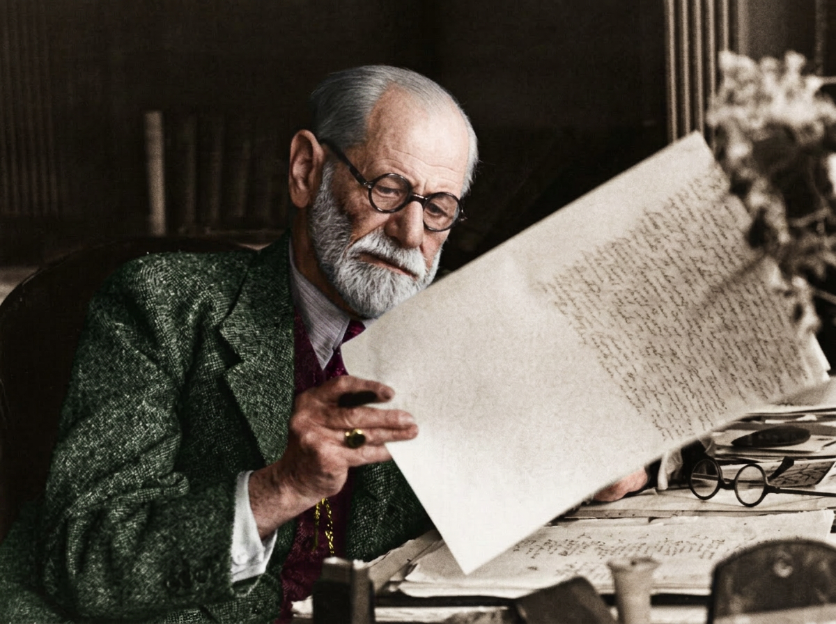 Sigmund Freud lendo manuscrito em seu escritório